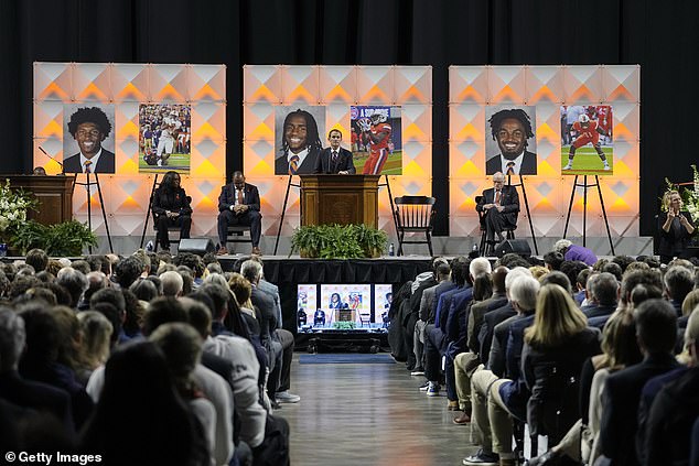 University of Virginia President Jim Ryan speaks during a memorial service for three slain University of Virginia football players, Lavel Davis Jr., DSean Perry and Devin Chandler