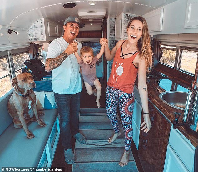 Will Watson and Kristin Batykefer, from Jacksonville, Florida, seemed to be living an idyllic life;  they travel around the country in their converted bus with their daughter Roam (photo)