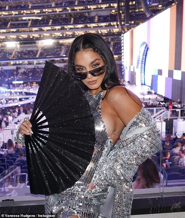 Striking: Vanessa Hudgens, 34, dazzled when she joined a line of sequin-clad fans at Beyonce's concert in Los Angeles on Monday