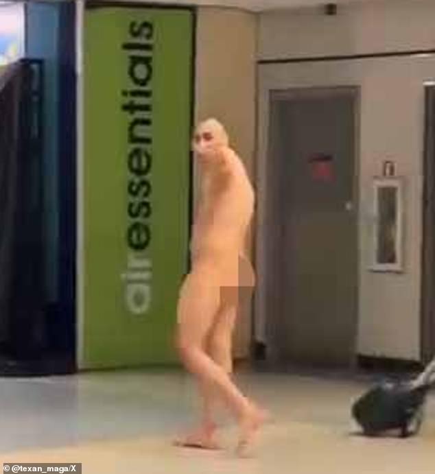 A naked man at Dallas-Fort Worth Airport pointed at the passenger and replied, 