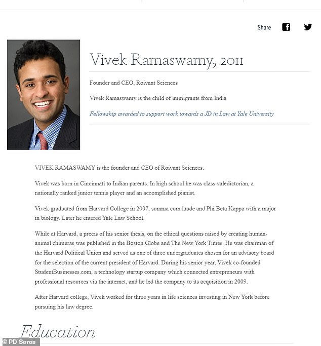 Ramaswamy was one of three to receive the scholarship, intended for immigrant families