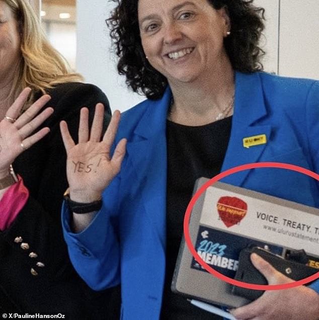 A detail in the photo did not go unnoticed after a 'Yes' campaign brochure featured the word 'treaty' on the front, prompting a swift response from Pauline Hanson for an 'explain' after the photo was posted on Twitter.