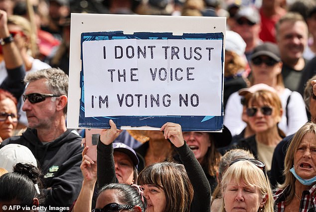 Support for the No campaign has risen across most age groups and demographics, but most markedly among women and younger voters who were previously the Voice's strongest supporters (photo: A No campaign rally in Sydney on Saturday)