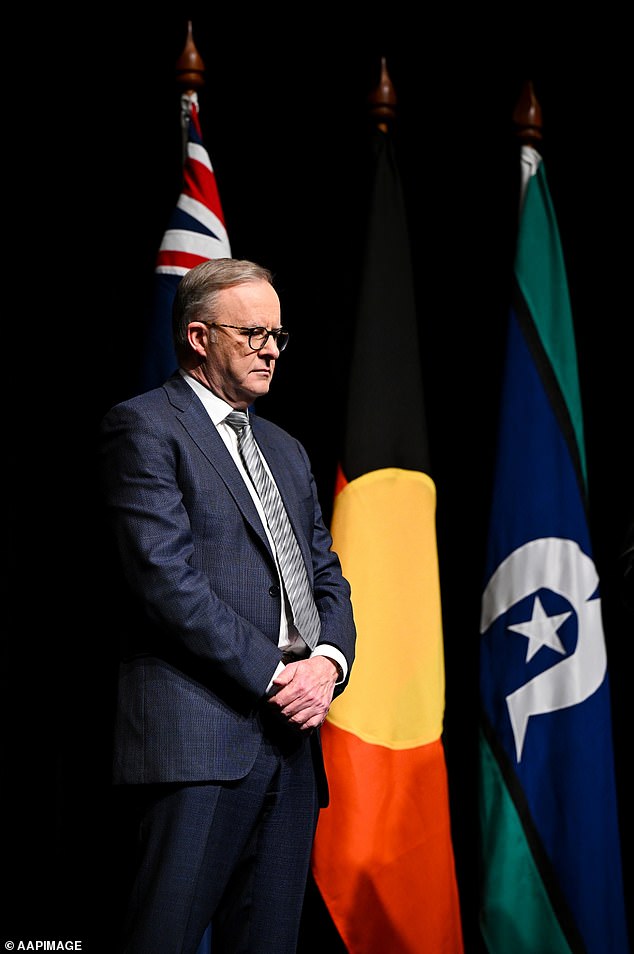 Mr Mundine said: 'we are all against the Voice and the radical and divisive Voice, Treaty, Truth agenda of the Uluru Declaration to which the Albanian government has committed itself'.  Anthony Albanese is pictured