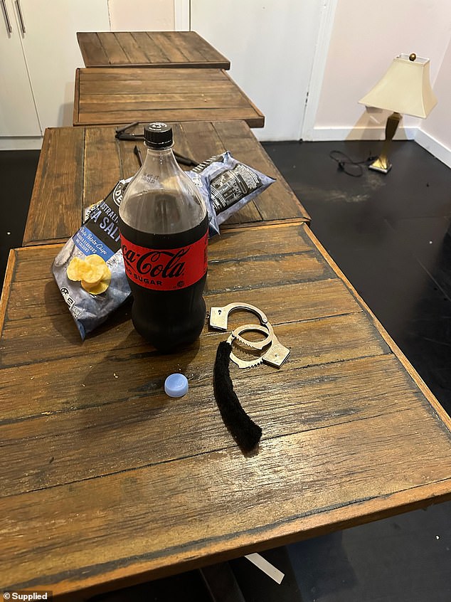 They returned to their Airbnb townhouse in inner Sydney's Paddington, where they discovered evidence of a sex party, including handcuffs (pictured) and 'lace panties'.