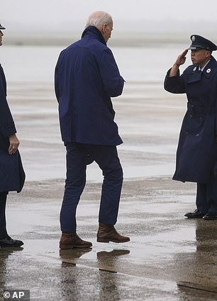 Biden appeared to be wearing hiking boots or some type of work boots.