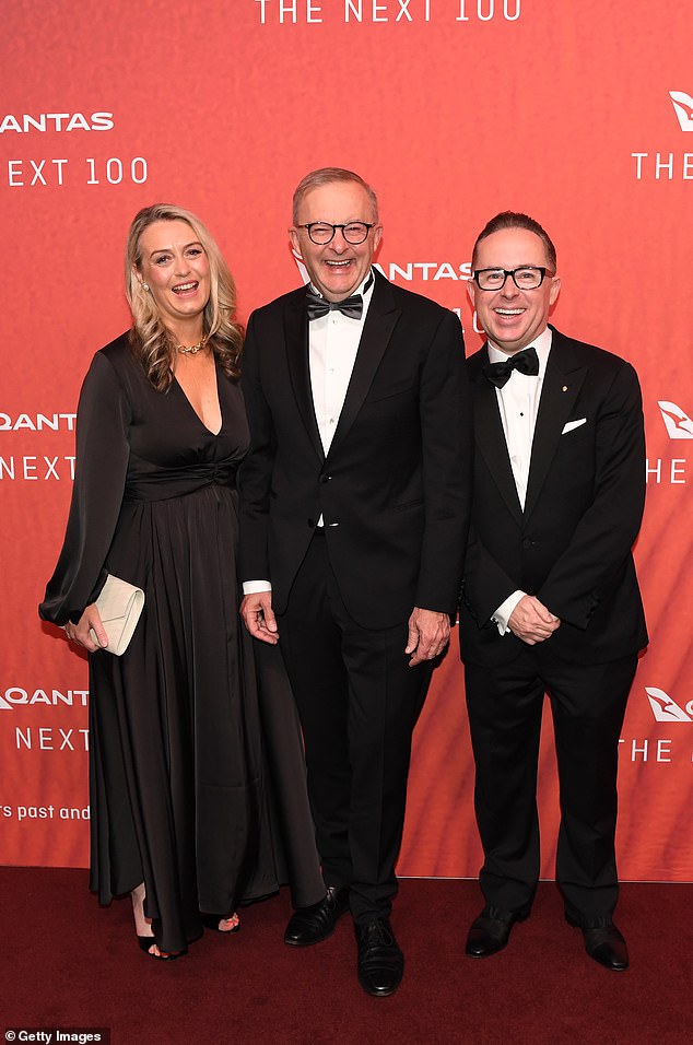Longtime friends Anthony Albanese and Alan Joyce were in good spirits when they were pictured on the red carpet at the 100th Qantas Gala Dinner in March (pictured)