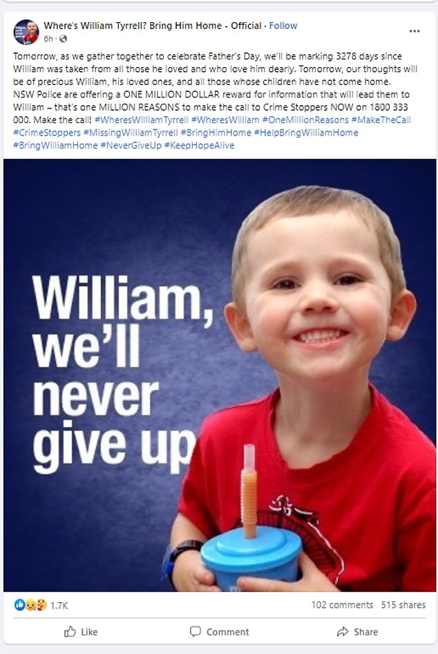 On the Facebook site Where's William, the couple works with a PR firm.  They are calling for the safe return of William, who disappeared in 2014 and has never been seen since, saying: 'William, we will never give up'