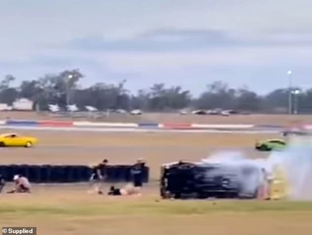 Two men were seriously injured after a horror crash at a Queensland race track on Friday after the driver appeared to lose control of a vehicle