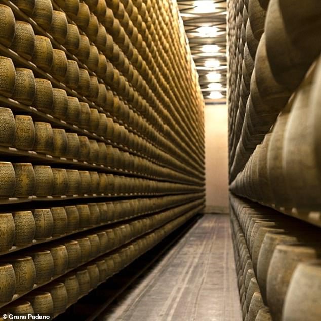 About 15,000 wheels of cheese collapsed after one shelf caused a deadly domino effect at a factory in Lombardy (pictured)