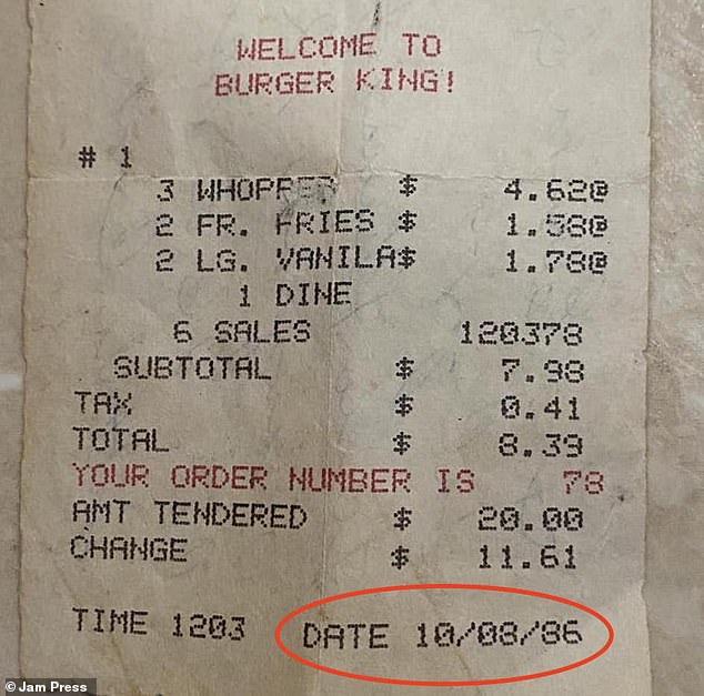 The US company was left stunned after discovering a retro Burger King receipt from the 1980s, showing how much prices have risen.