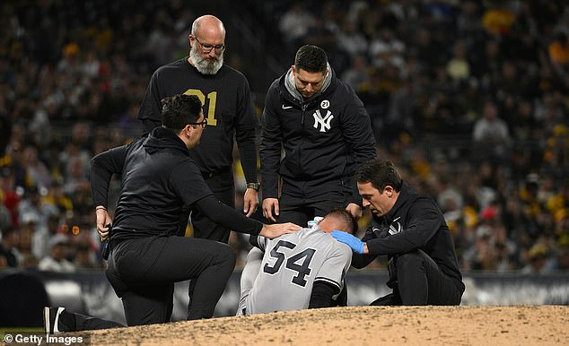 Anthony Misiewicz was sent to the ground on Friday after being hit in the head by a line drive