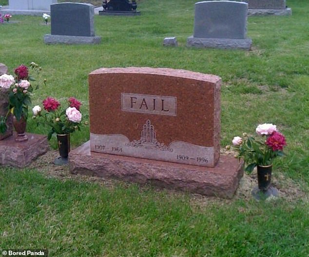 People across the US have shared the funniest gravestones they've seen in cemeteries across the country.  This site, which appears to commemorate two people, has the word 'fail' engraved as their lives come to an end