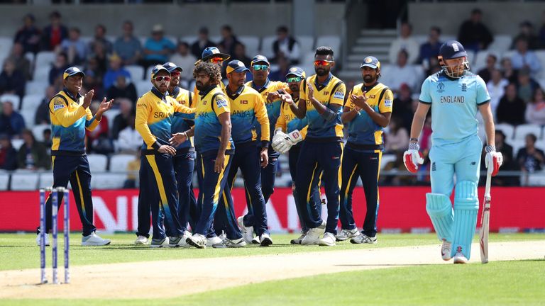 Sri Lanka's Lasith Malinga celebrates with teammates after England's Jonny Bairstow's dismissal during the 2019 England vs Sri Lanka World Cup cricket match