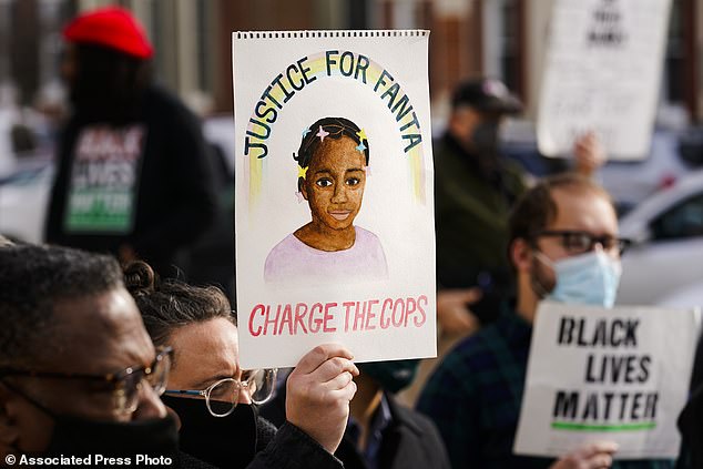 Protesters are seen at the Delaware County Courthouse in January 2022, calling for police accountability in the death of 8-year-old Fanta Bility, who was shot outside a football game