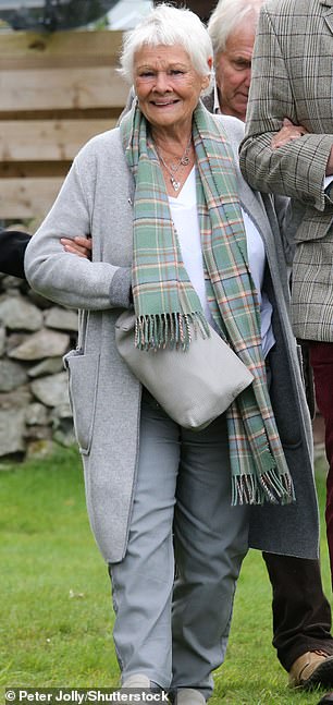 Dame Judi wore a checked scarf with a comfortable-looking gray ensemble as she walked into the venue