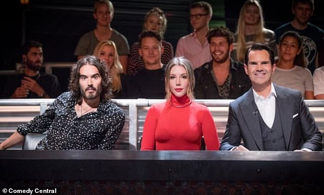 Ryan, pictured, is said to have previously confronted Russell Brand while they co-hosted TV comedy show Roast Battle in 2018.  Pictured: Ryan (center) with Brand (left) and Jimmy Carr (right) in the show