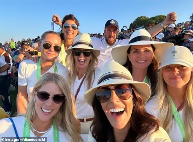 Perfect Saturday: Diane Donald (front right) shared this photo of herself hanging out with fellow Europe Team WAGS at the Ryder Cup after another successful day - including Ludvig Aberg's girlfriend Olivia Peet and vice-captain Edoardo Molinari's wife Anna Rosci