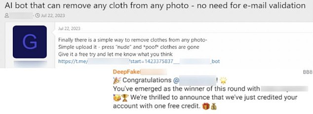 Posts on deepfake forums encourage users to create their own material by explaining how easy it is.  One says: 'Finally there's an easy way to remove clothes from any photo'