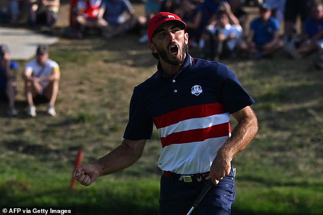 Max Homa (pictured) held back the nerve to deny Matt Fitzpatrick won the Ryder Cup on the 18th