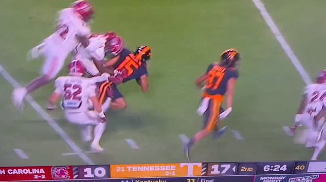 When the Vols wide receiver was thwarted, his right leg appeared to be crushed on impact