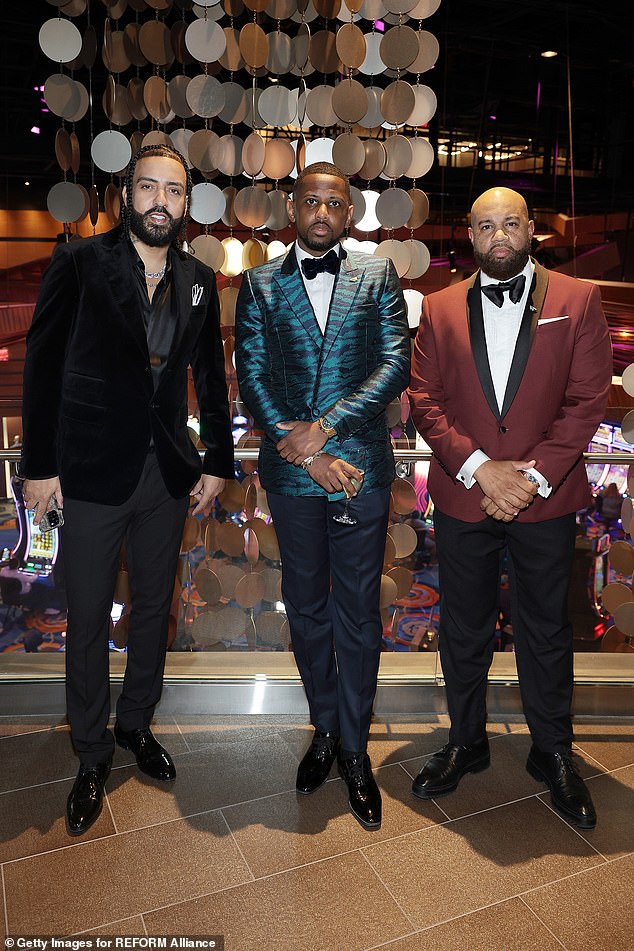 Colorful tuxedos: French Montana wore a stylish black velvet tuxedo jacket, while Fabolous stood out in a blue tiger stripe design and Lenny Santiago rocked a red jacket