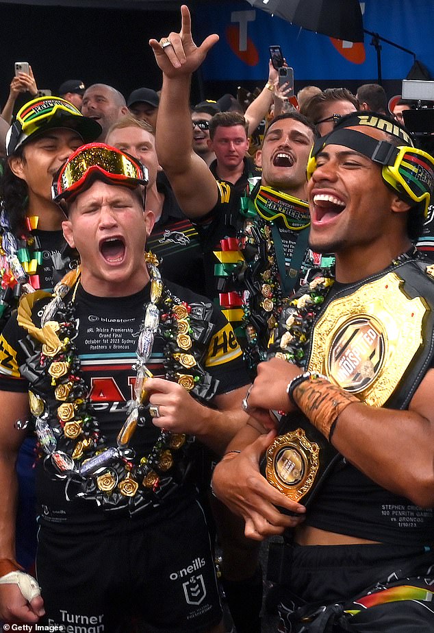 Betr offered 100-1 odds for Ivan Cleary's men to triumph in a third successive decider, with many eager punters taking their chance (pictured, Panthers stars celebrate their win over Brisbane)