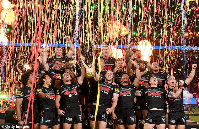 Betr boss Matt Tripp insists the Panthers' third successive premiership is actually a good thing for the company (Pictured: Penrith stars celebrate after grand final)