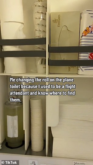 The former flight attendant turned the camera to show the piles of toilet paper, paper cups, towels and tissues in the closet