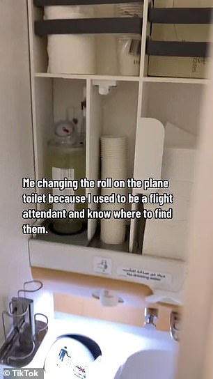 The former flight attendant turned the camera to show the piles of toilet paper, paper cups, towels and tissues in the closet