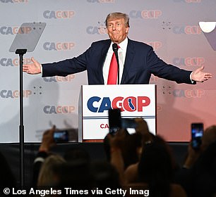 President Donald Trump delivers a speech during the California Republican Convention on Friday, September 29, 2023 in Anaheim, California