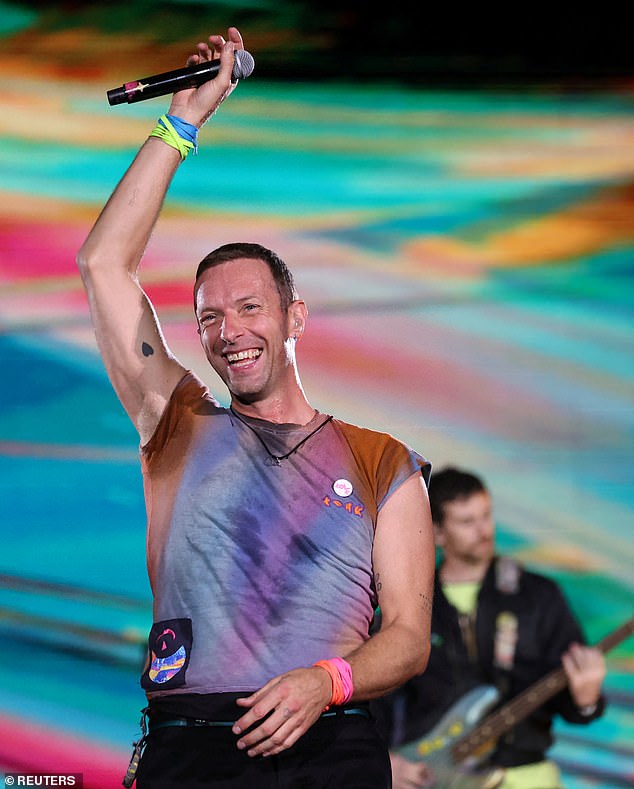 Coldplay's international tour has been lucrative, grossing more than $617 million through 107 concerts attended by more than 6.3 million people.  Pictured Saturday at a concert in Pasadena, California