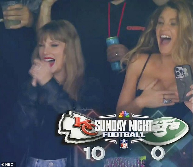 Hurrah!  Blake - who welcomed her fourth child in February - stood next to her famous friend Taylor Swift in the VIP suite as the Chiefs scored the touchdown