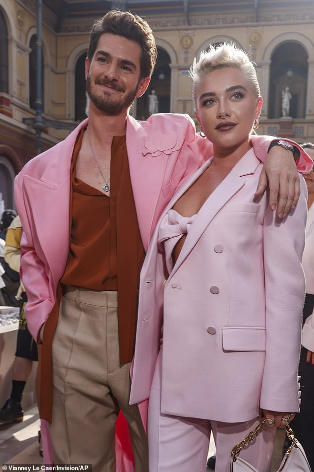 Posing in pink: Earlier in the day the pair had attended Valentino's catwalk show and made a series of animated faces as they watched from the FROW