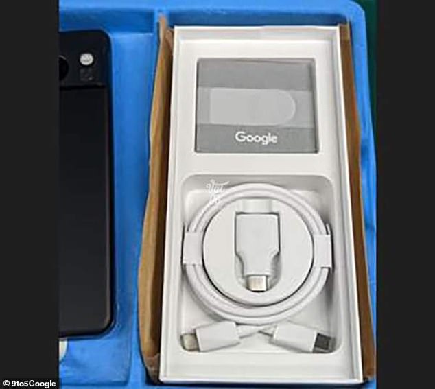 Images show the packaging of the new Pixel, which includes an included USB-C to USB-C cable and a Quick Switch adapter, allowing users to easily transfer data from another phone