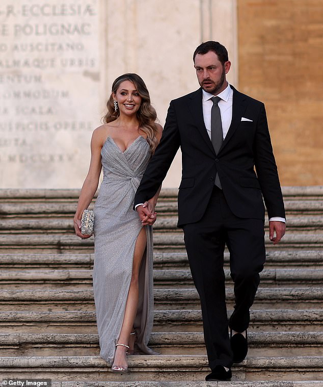 Cantlay is getting married to his partner Nikki Guidish (left) on Monday, but did not want to get a tan on his head as a golfer by wearing a cap