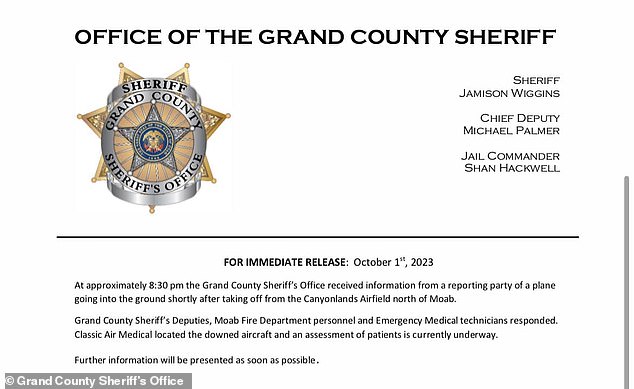 The first statement from the Sheriff's Office indicating there may be survivors of the crash