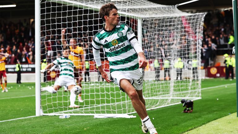 MOTHERWELL, SCOTLAND - SEPTEMBER 30: Matt O...Riley celebrates after scoring to make it 2-1 Celtic during a snap Premiership match between Motherwell and Celtic at Fir Park, on September 30, 2023, in Motherwell, Scotland .  (Photo by Ross MacDonald / SNS Group)