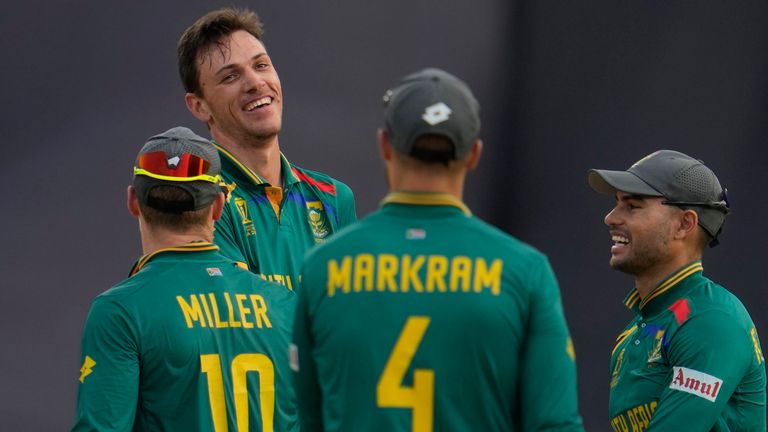 Marco Jansen (the tall one) with his South African teammates (Associated Press)