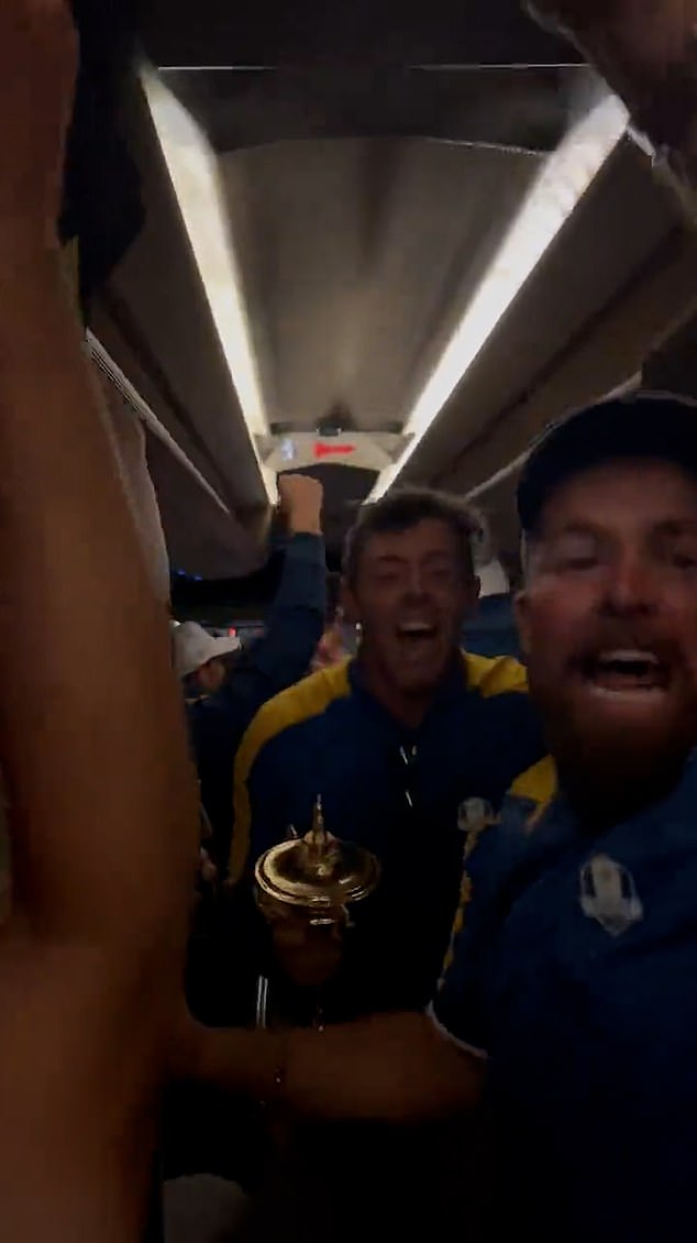 Rory McIlroy and Lowry led the chants of 'USA is terrified' to the tune of dance hit Freed from Desire as Team Europe celebrated regaining the Ryder Cup in style with their coach