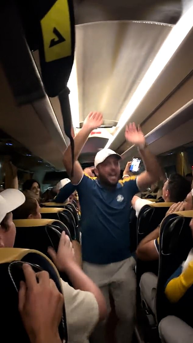 Other hilarious footage showed Francesco Molinari dancing in the coach's aisle as the rest of the team chanted Tommy Fleetwood's name after the Englishman won the Ryder Cup.