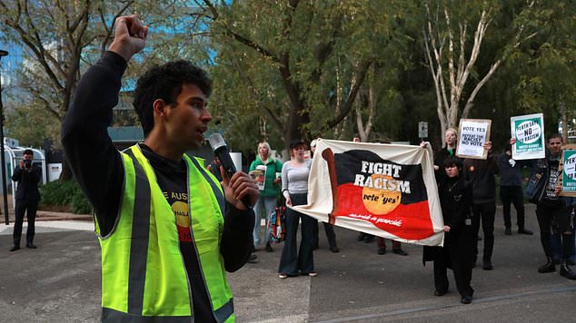 Protesters outside Voice to Parliament gather at the Riverside Theatre, Perth Convention and Exhibition Centre.  Photo: NCA NewsWire/Philip Gostelow