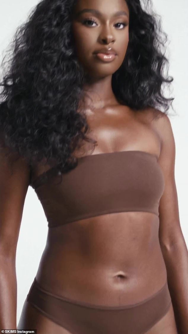 Glowing: Singer and Bel-Air actress Coco Jones also modeled for the campaign.  In the clip, she was seen modeling a chocolate brown bandeau and sassy bottoms as she revealed her favorite part of the line: 'It makes me feel comfortable but supported'