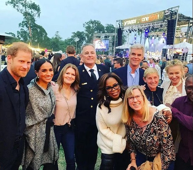 Harry and Meghan stood shoulder to shoulder with Hollywood stars Oprah Winfrey and Ellen DeGeneres at Kevin Costner's fundraiser in September