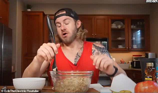 The vlogger's first breakfast consisted of six eggs, an array of fruit and a giant bowl of oatmeal