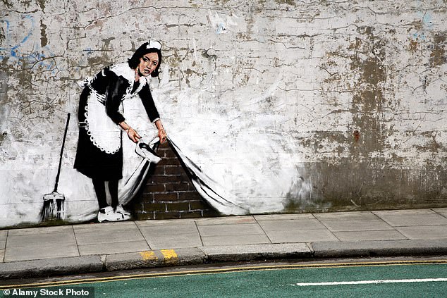 The man who initiated the action is Andrew Gallagher, 56 years old, an iconoclastic entrepreneur who started out in the music industry and organized raves in the 1990s before exploiting the commercial potential of graffiti.  Pictured: Banksy's Sweep It Under the Carpet mural