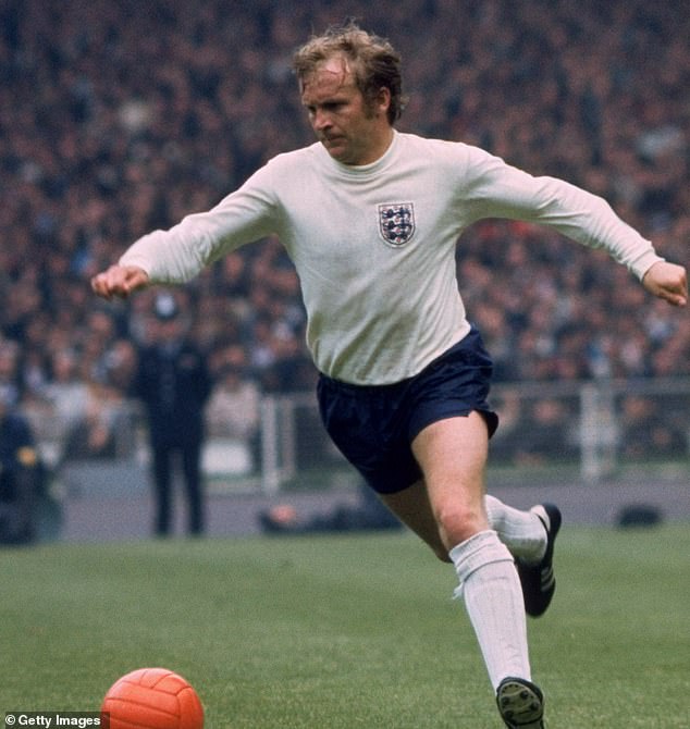 He also won 27 caps for England during his career, scoring 10 goals - pictured here against Scotland in May 1971