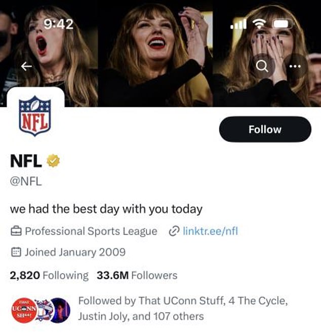 Both the NFL's Instagram and Twitter accounts changed to reference Swift on Monday