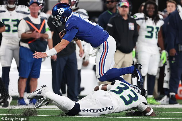 It was on this tackle on Giants QB Daniel Jones where Jones' knee struck Adams' head