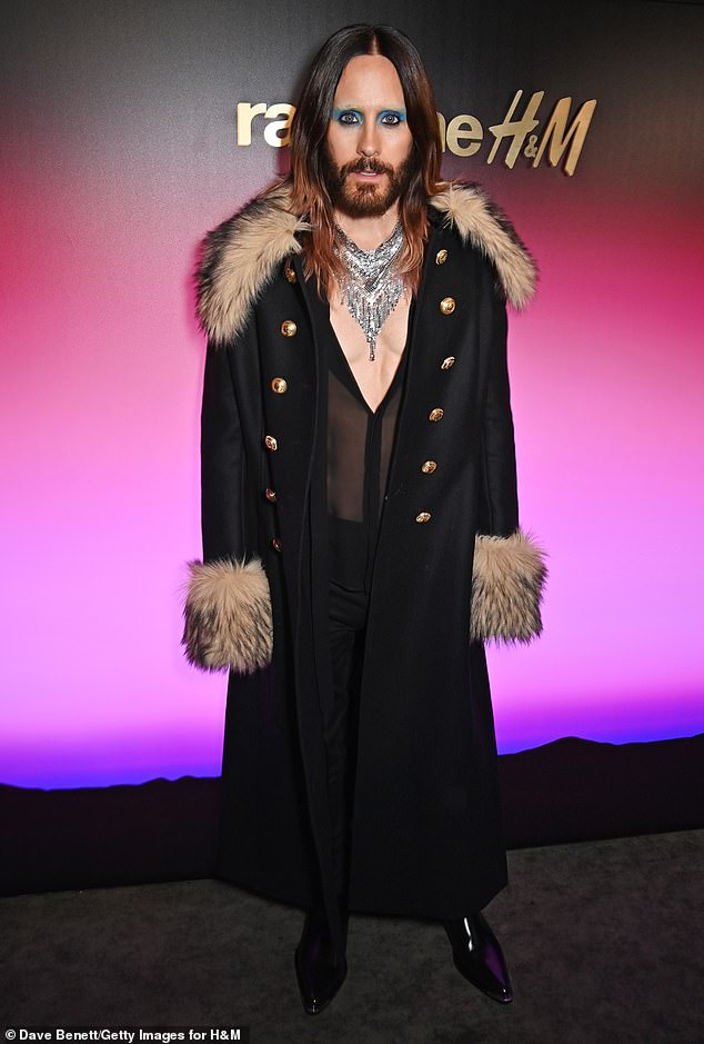 Jared's look: The actor and musician's coat also featured fur-lined cuffs and ornate gold buttons, with the coat falling to his ankles